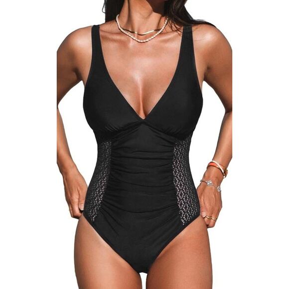 CUPSHE Ruched Lace Plunge V-Neck Black One Piece Swimsuit NWT SIZE XS - Picture 1 of 7